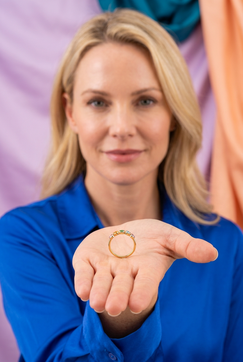 Blonde model in cobalt presenting the closed colorful ring on an open palm