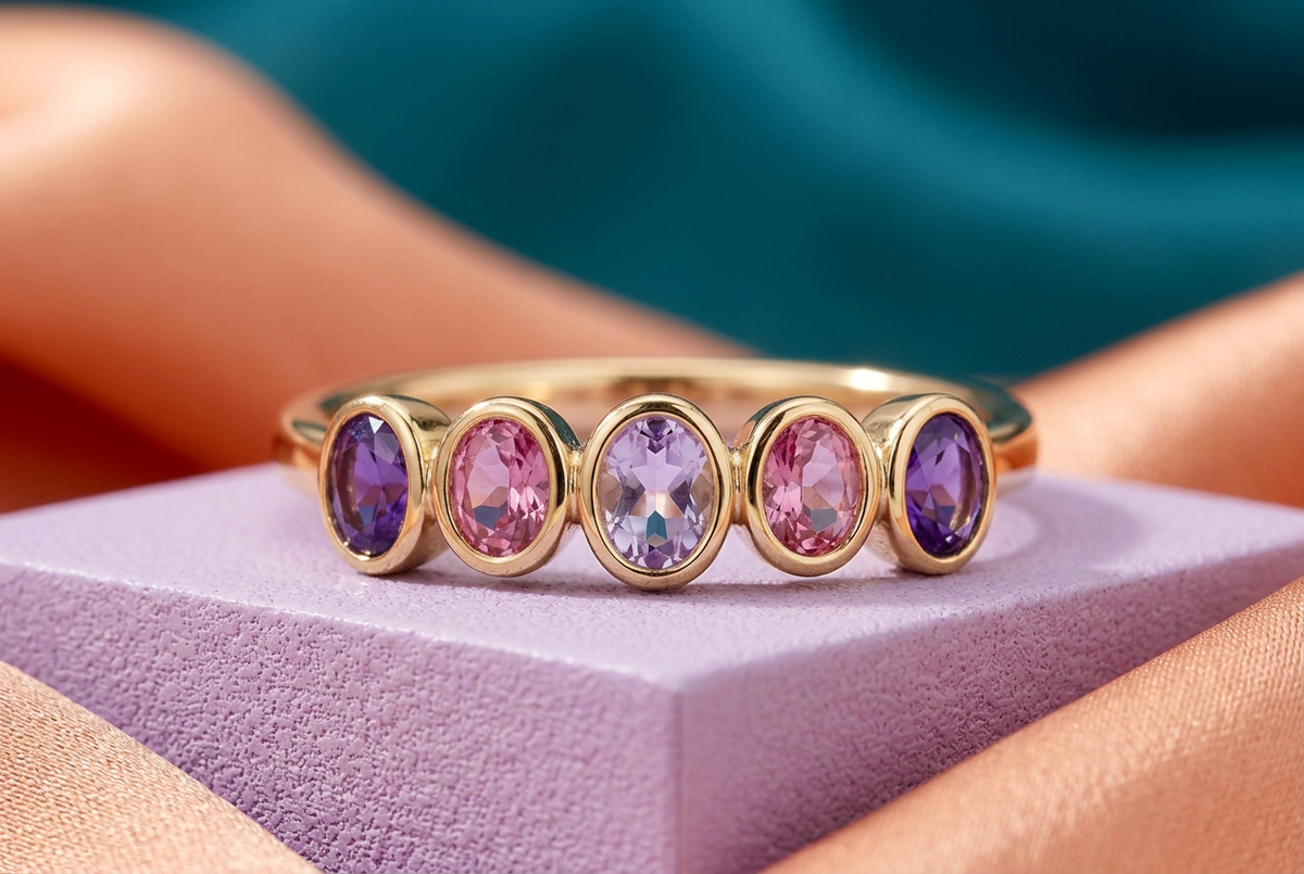 Close-up of five violet pink and pale lavender oval accents