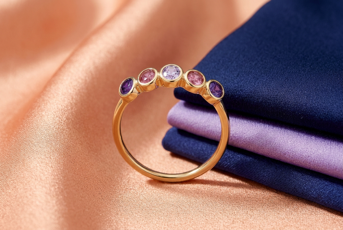 Violet Halo ring concept styled with peach fabric and navy and lavender clothing