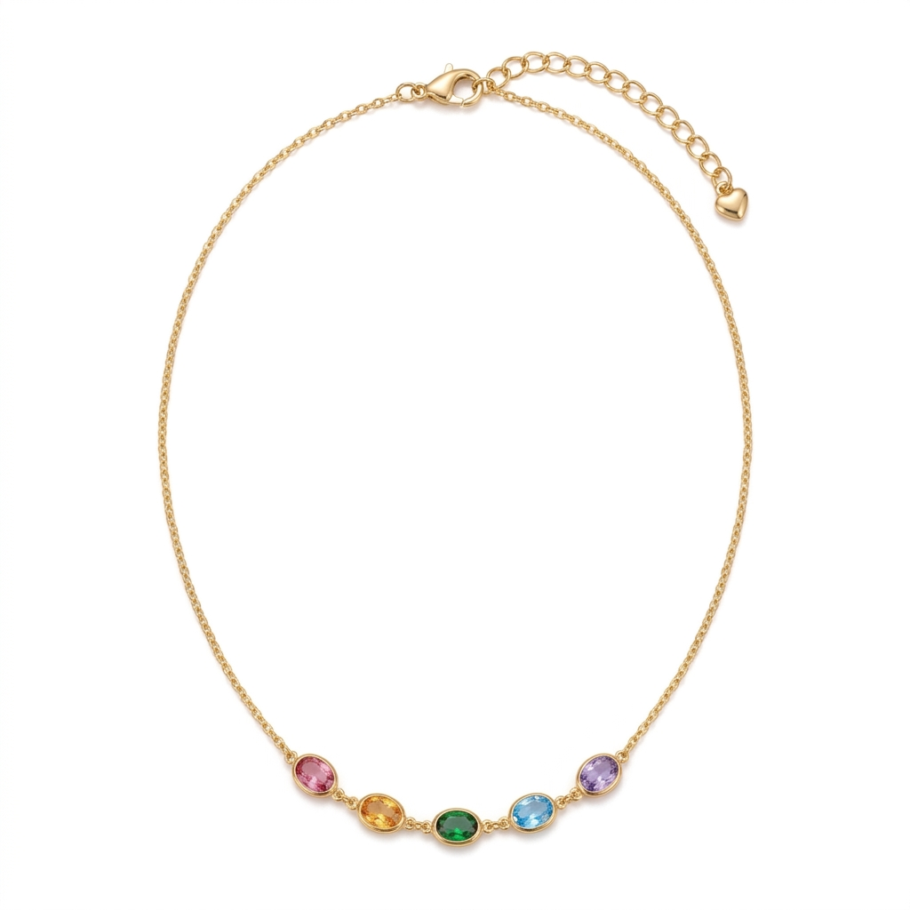 Complete five-color oval necklace with clasp and heart extension on white