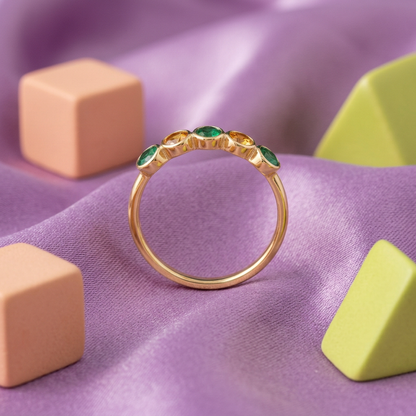 Emerald Dawn ring concept with lavender fabric and colorful props