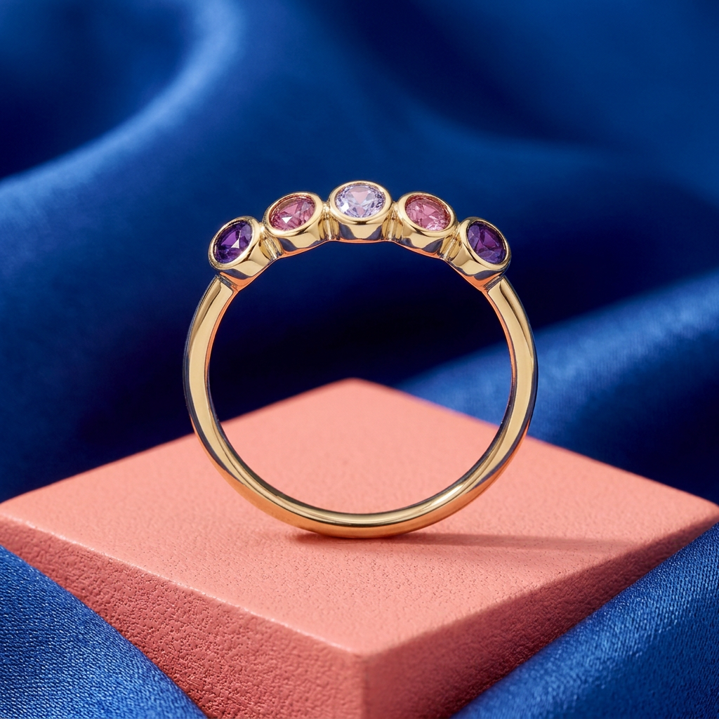 Violet Halo ring concept with coral pedestal and cobalt backdrop