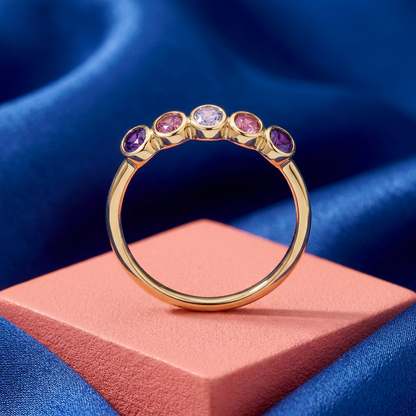 Violet Halo ring concept with coral pedestal and cobalt backdrop