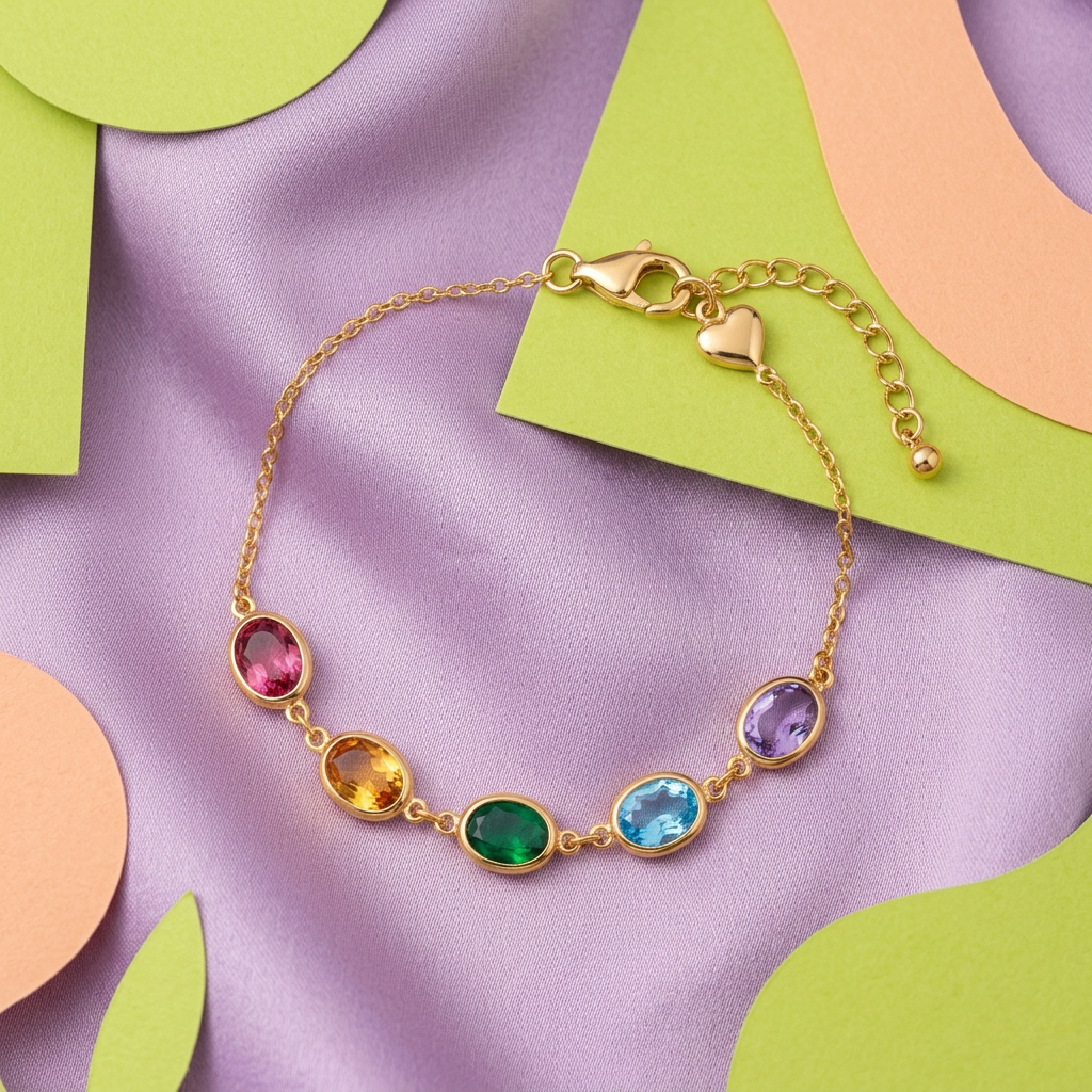 Gold-tone five-color bracelet on lilac silk with lime and peach shapes