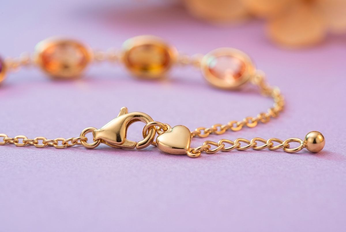 Gold-tone lobster-style clasp heart detail and extension links on lilac surface