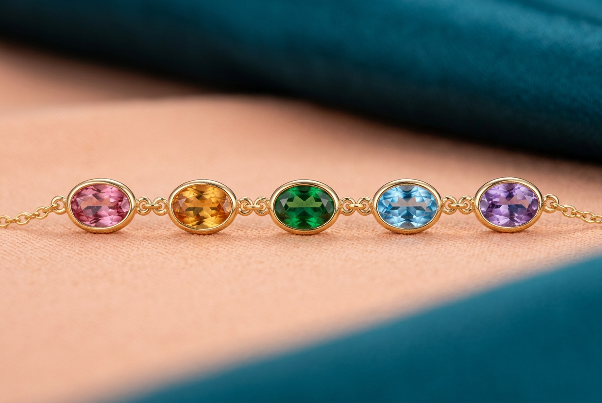 Macro of pink amber green blue lavender horizontal oval accents and gold-tone links