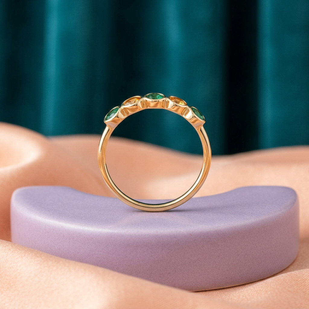 Emerald Dawn green and amber five-oval ring concept on a lilac pedestal