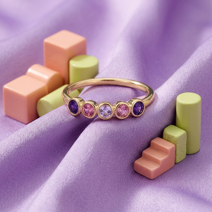 Violet Halo ring concept on lavender fabric with colorful props