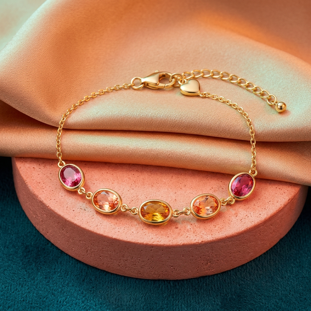 Sunset Bloom five-oval pink peach amber bracelet on apricot silk and coral pedestal