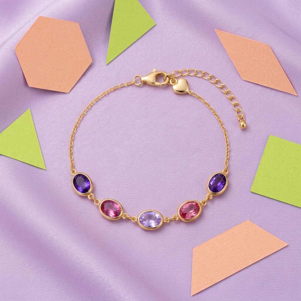 Five-oval violet pink lavender bracelet on lilac fabric with peach and lime shapes