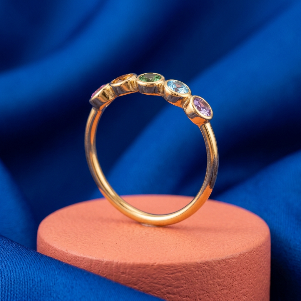 Five-color ring on coral pedestal against cobalt fabric
