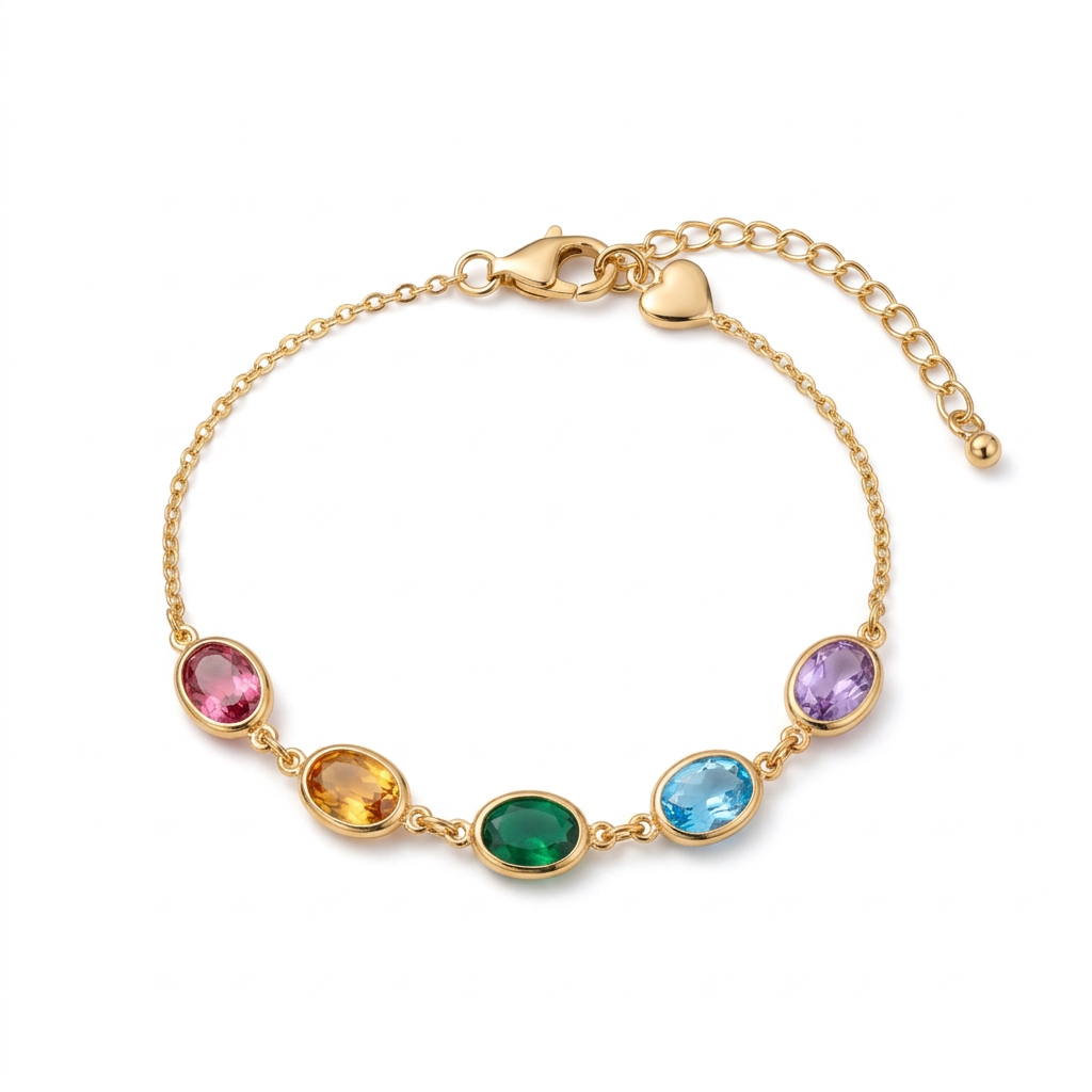 Complete five-color oval bracelet with heart charm on a white background