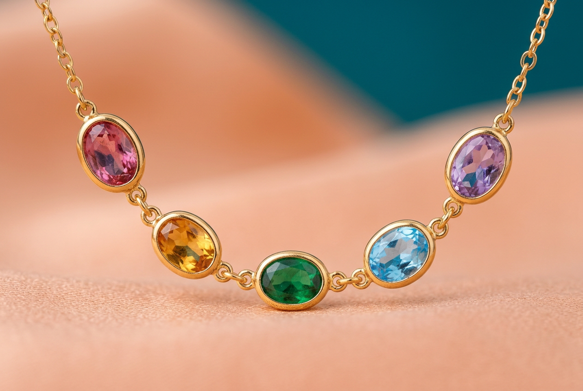 Close-up of pink amber green blue and lavender faceted oval accents