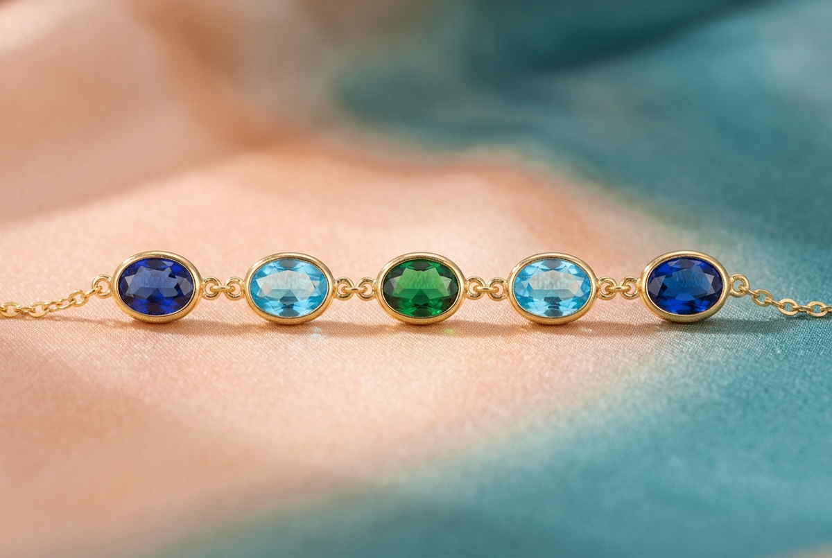 Macro of deep blue aqua green aqua deep blue oval accents and gold-tone links