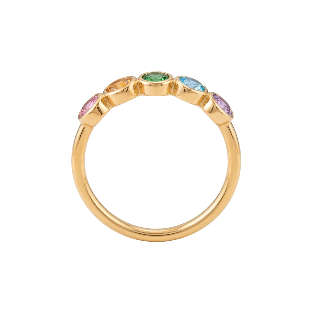 Closed gold-tone Rainbow Arc ring with five colored oval accents on white