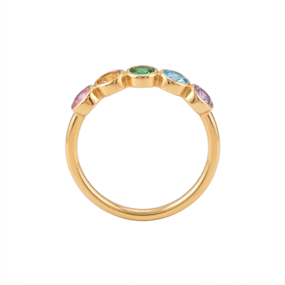 Closed gold-tone Rainbow Arc ring with five colored oval accents on white