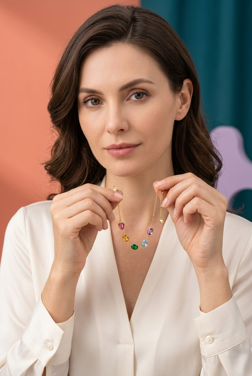 Brunette model in ivory blouse holding the colorful bracelet between fingertips