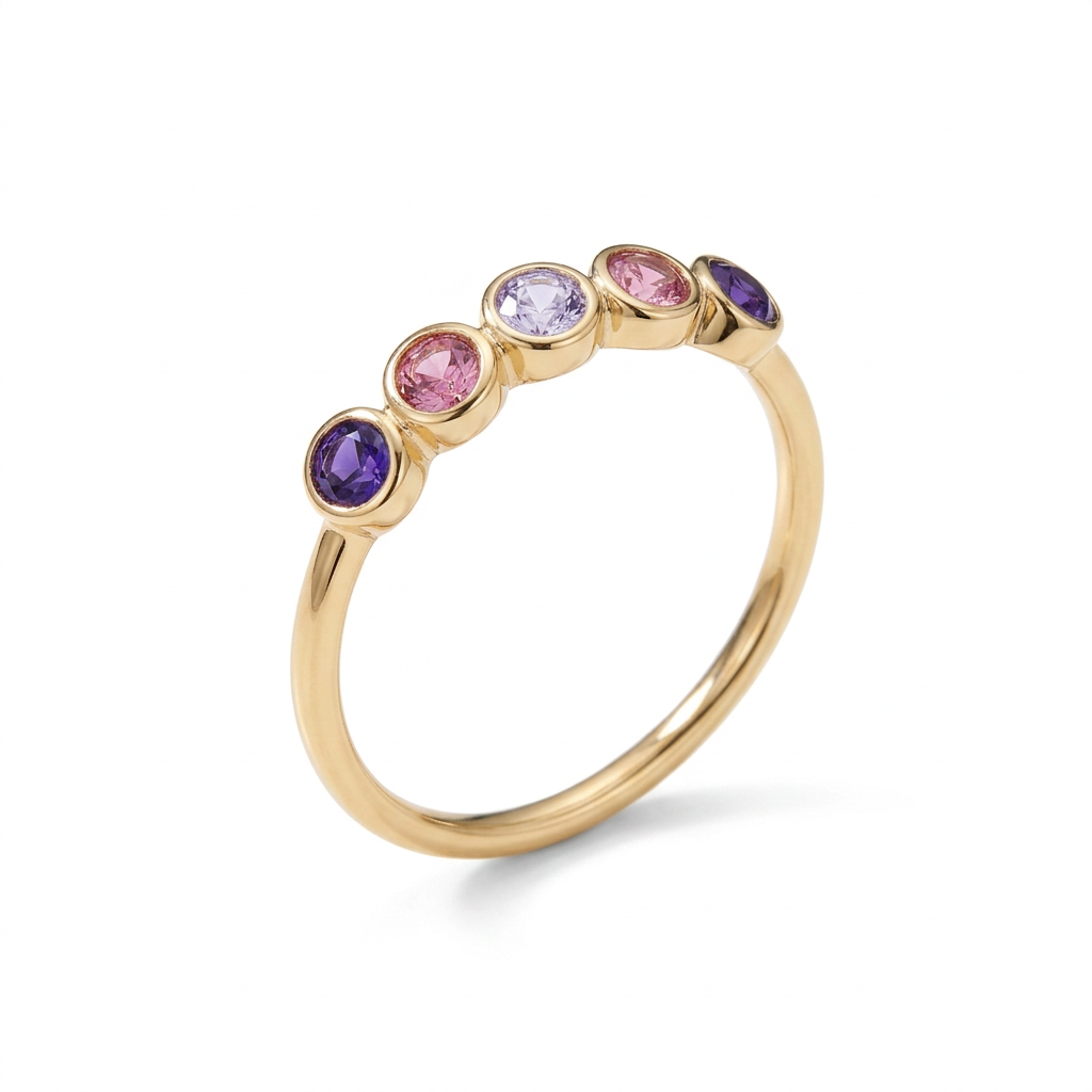 Violet Halo five-oval gold-tone ring concept on white background