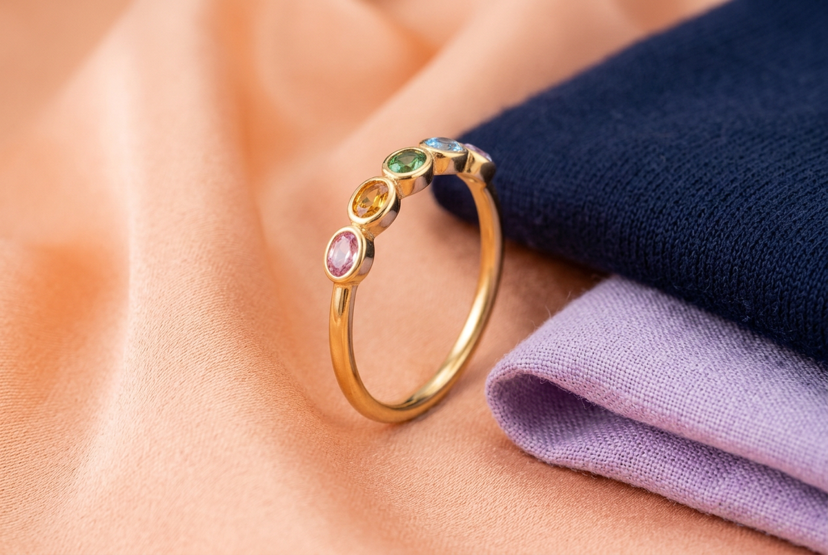 Complete colorful ring on peach fabric beside navy and lavender garments