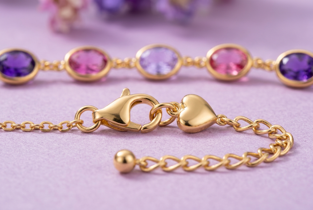 Close-up of gold-tone lobster-style clasp heart charm and extension links