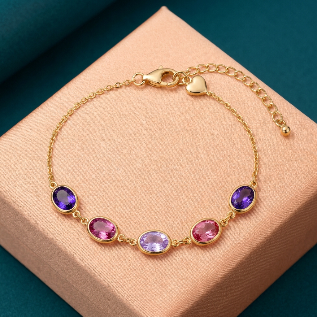 Lilac Reverie violet pink lavender oval bracelet on peach surface with teal background