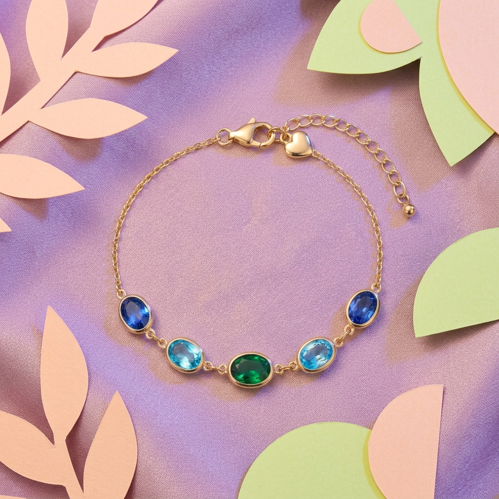 Five blue aqua green oval accents on lilac silk with peach and lime paper shapes