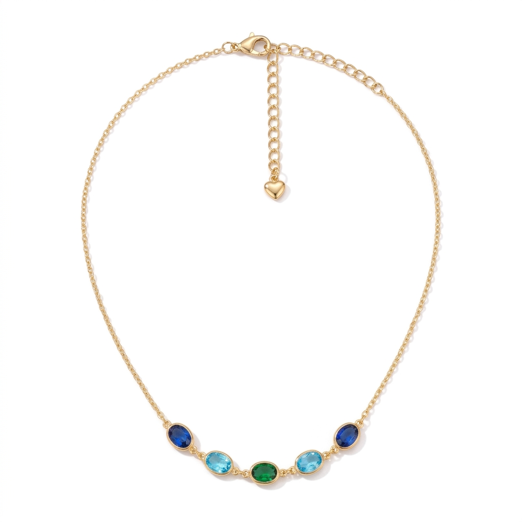Complete Sea Glass necklace with five blue green oval accents on white background