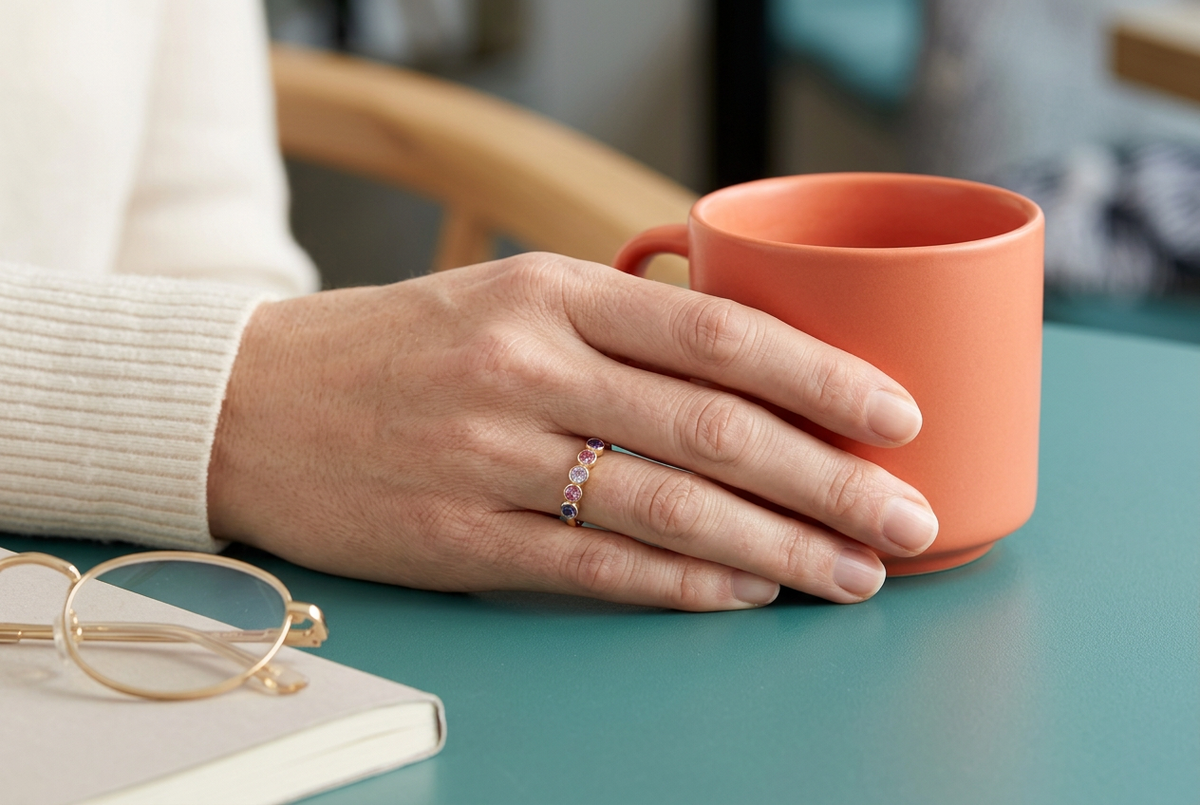 Violet Halo ring concept worn beside a coral coffee cup