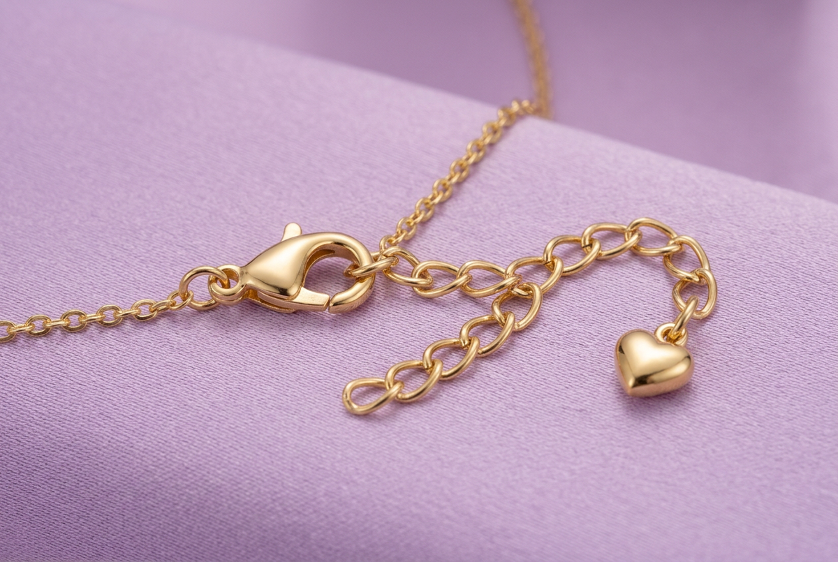 Close-up of lobster-style necklace clasp and extension with heart end detail