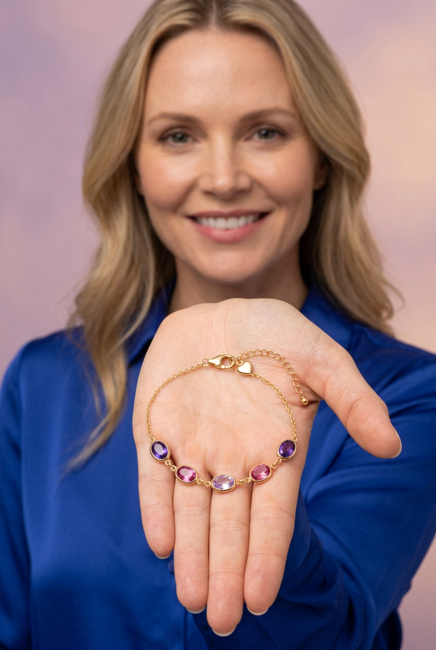 Blonde model in cobalt presenting complete Lilac Reverie bracelet in an open palm