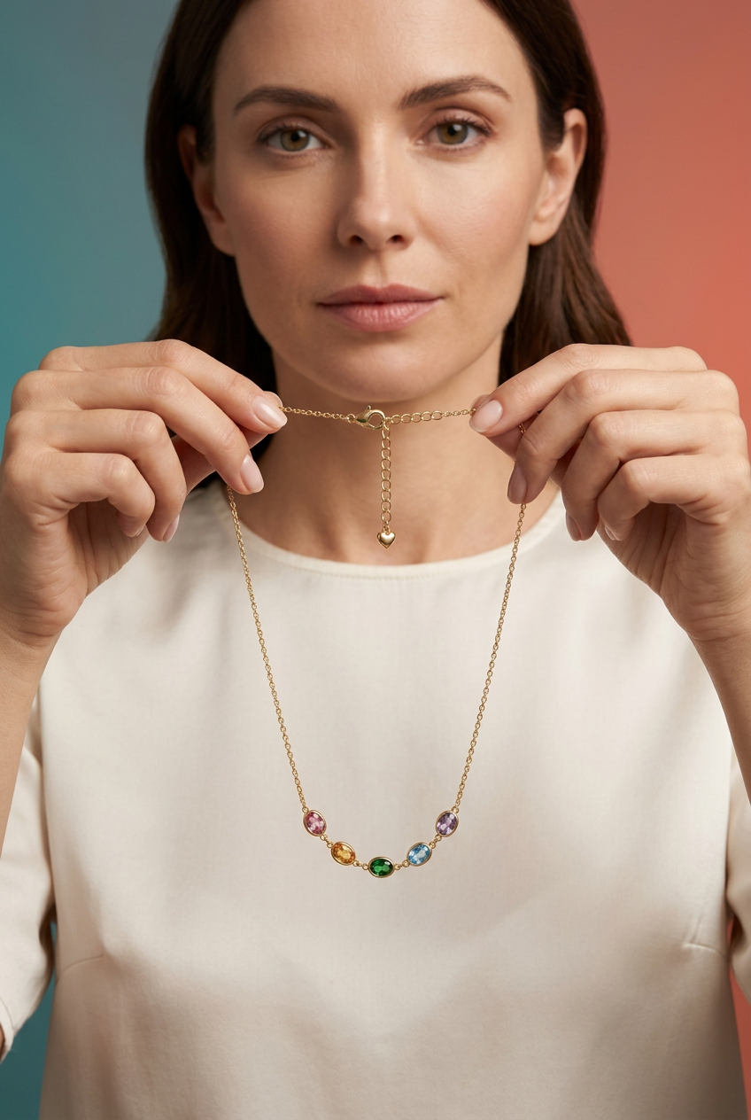 Brunette model in ivory holding the necklace by upper chain sides
