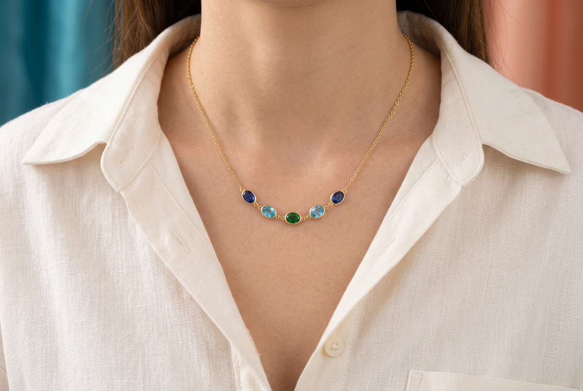 Blue aqua green necklace worn with ivory open-collar shirt