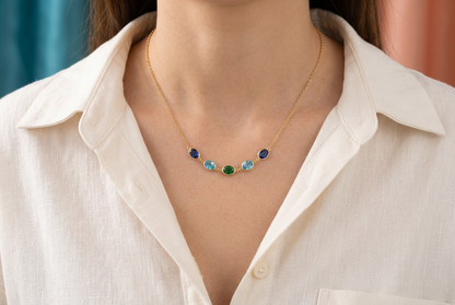 Blue aqua green necklace worn with ivory open-collar shirt