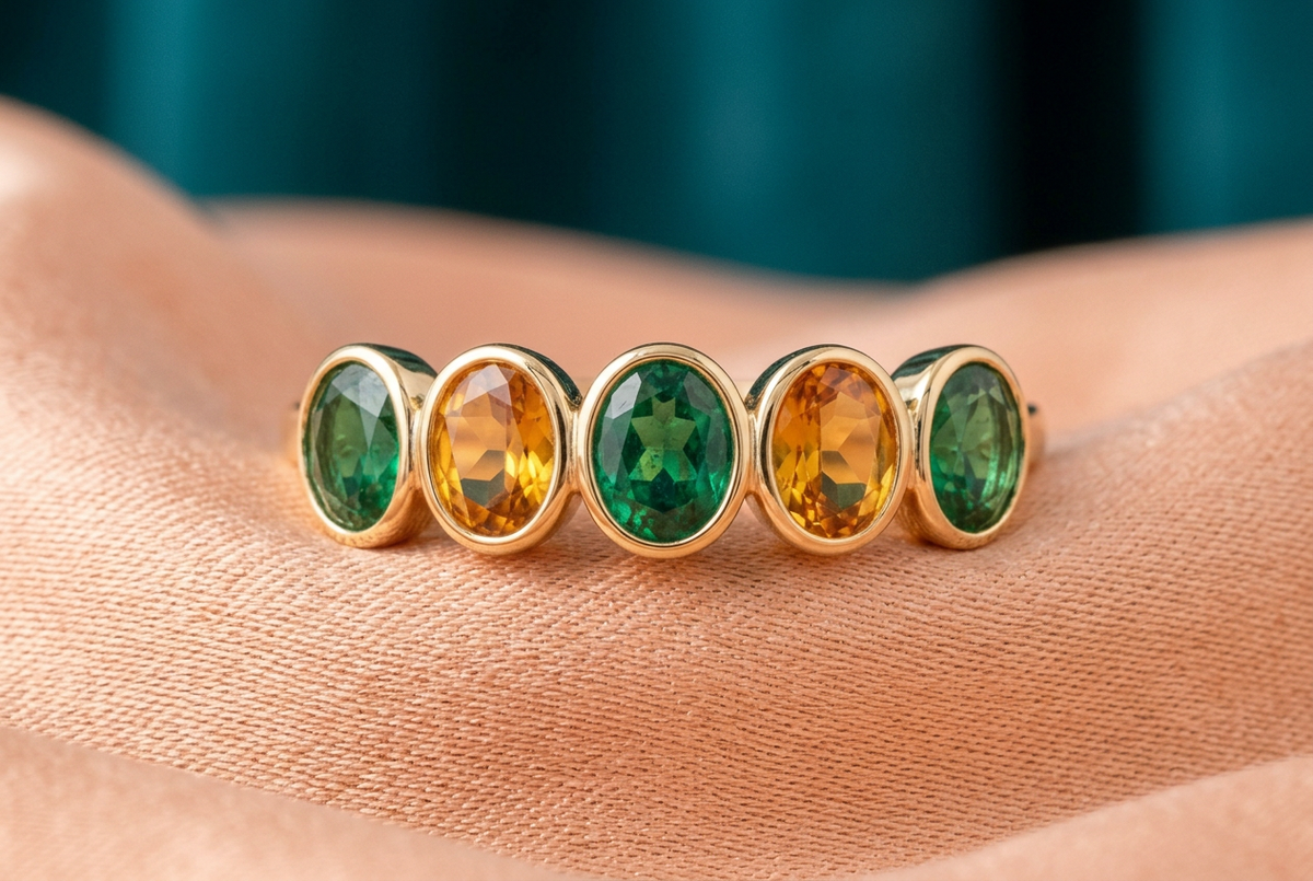 Close-up of five alternating green and amber oval accents