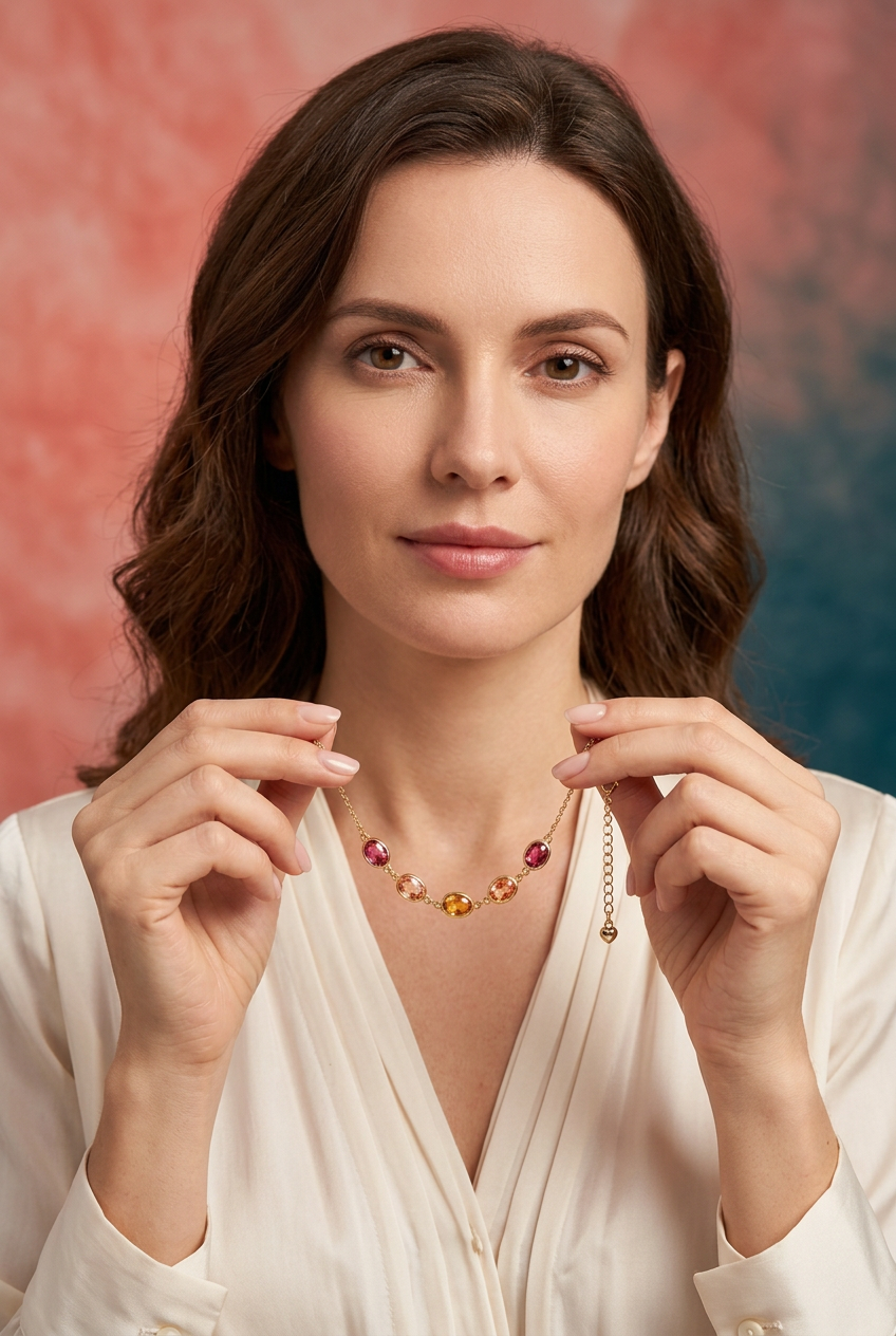 Brunette model in ivory holding Sunset Bloom bracelet between fingertips