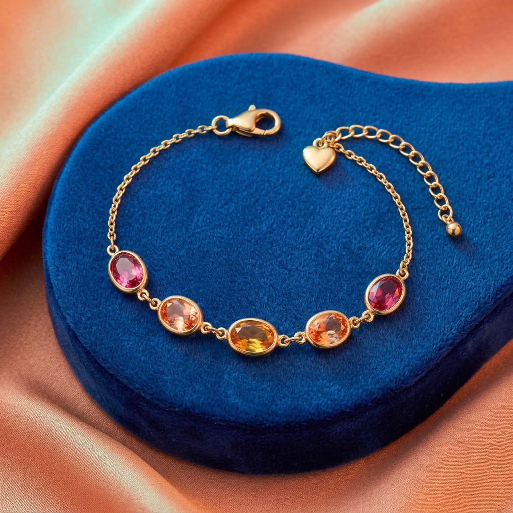 Warm-colored oval bracelet arranged on cobalt blue against peach fabric