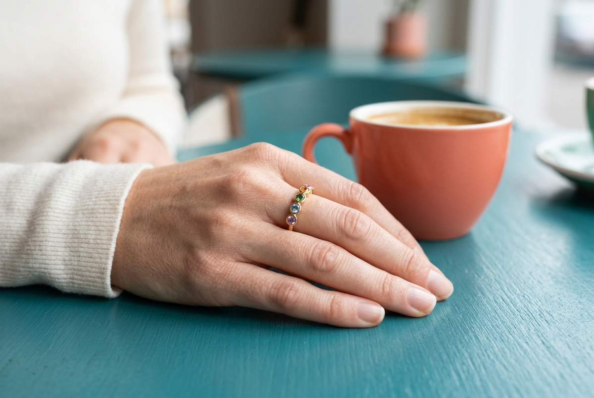 Rainbow Arc ring worn on a hand beside coral cup on teal table
