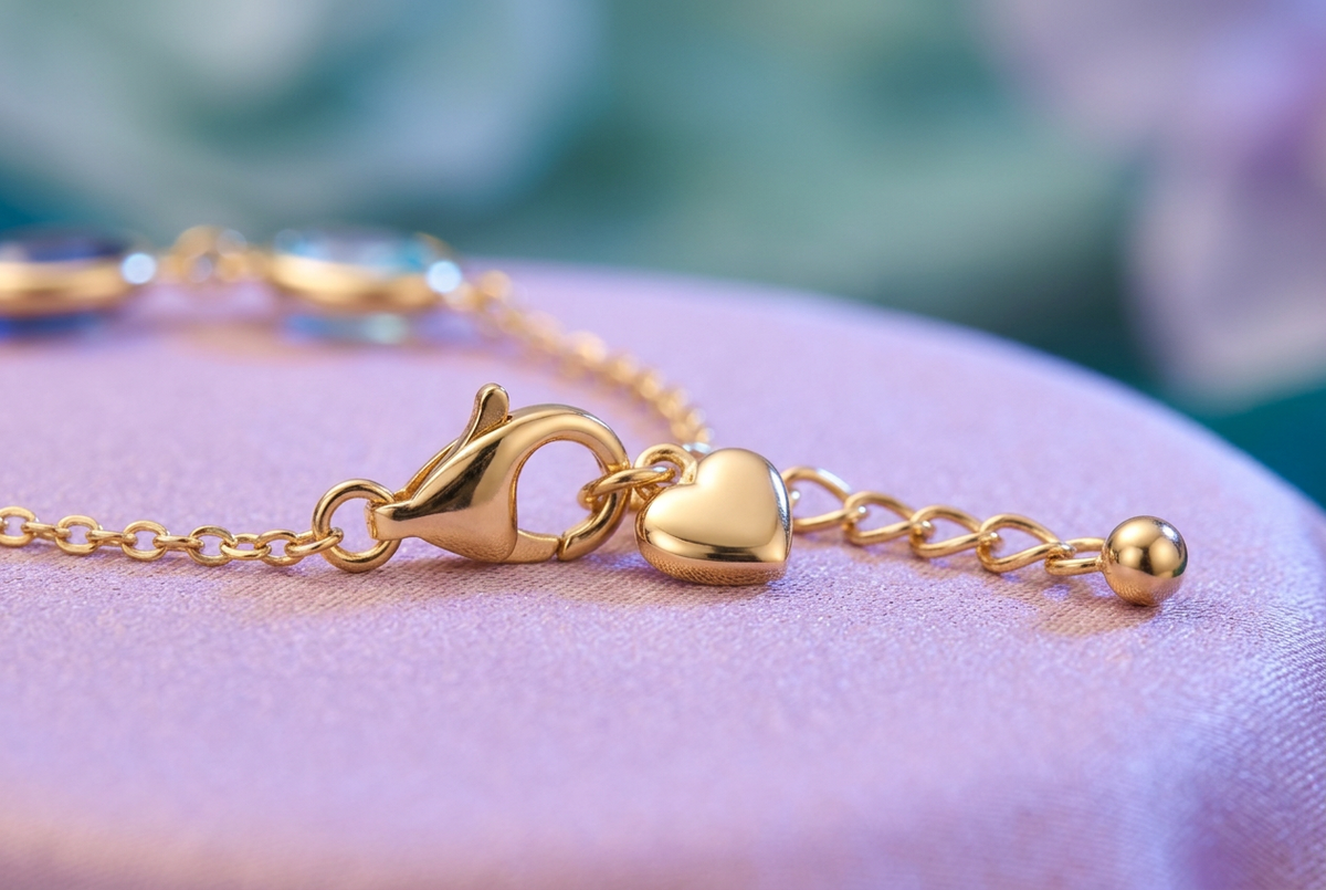 Gold-tone lobster-style clasp heart charm and extension chain on lilac