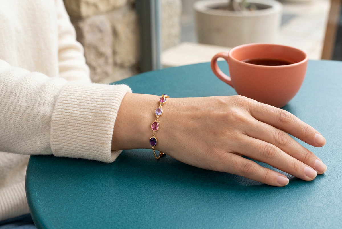 Purple pink bracelet worn beside ivory cuff and coral cup on teal table